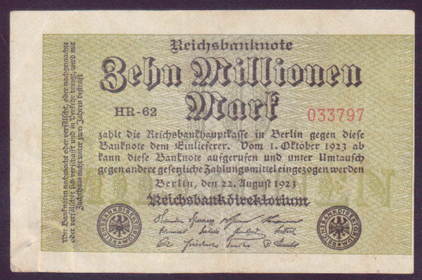 1923 Germany 10 Million Mark small Mis-cut(G/D star-wmk) L001995